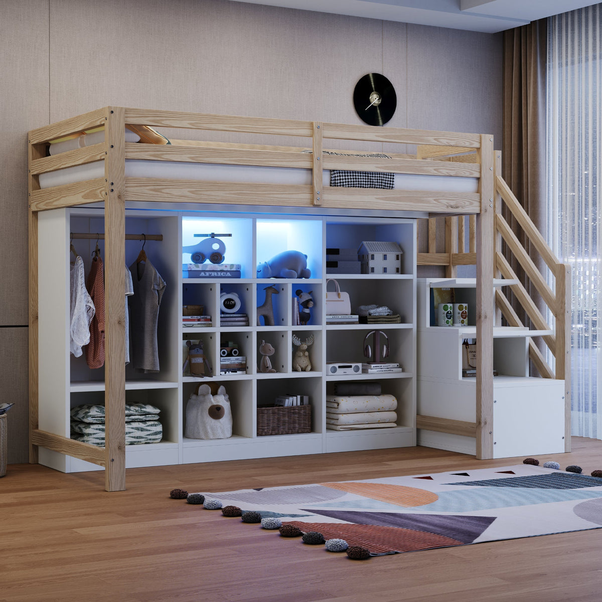 Loft Bed with Wardrobe, Storage Cabinets, LED and Side Ladder, 90x200cm, Wood Color