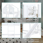 Bunk Bed with Slide, Roof & Window, Safety Gate, 3-Step Ladder, Pine + MDF, White, 90x200cm