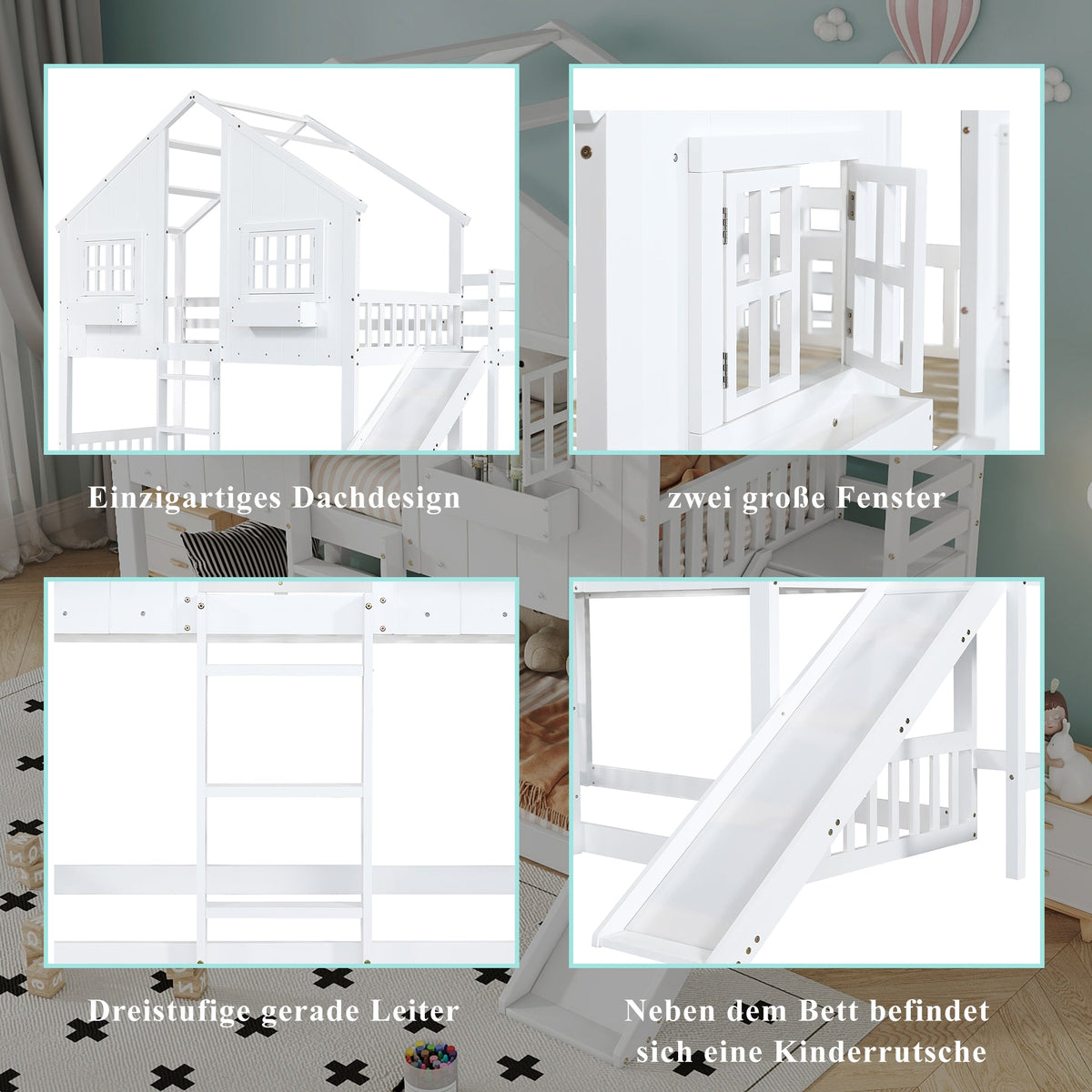 Bunk Bed with Slide, Roof & Window, Safety Gate, 3-Step Ladder, Pine + MDF, White, 90x200cm