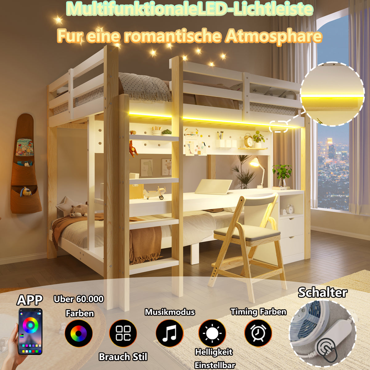 Loft Bed 90x200/140x200 cm with Desk & Drawers, Pine Wood