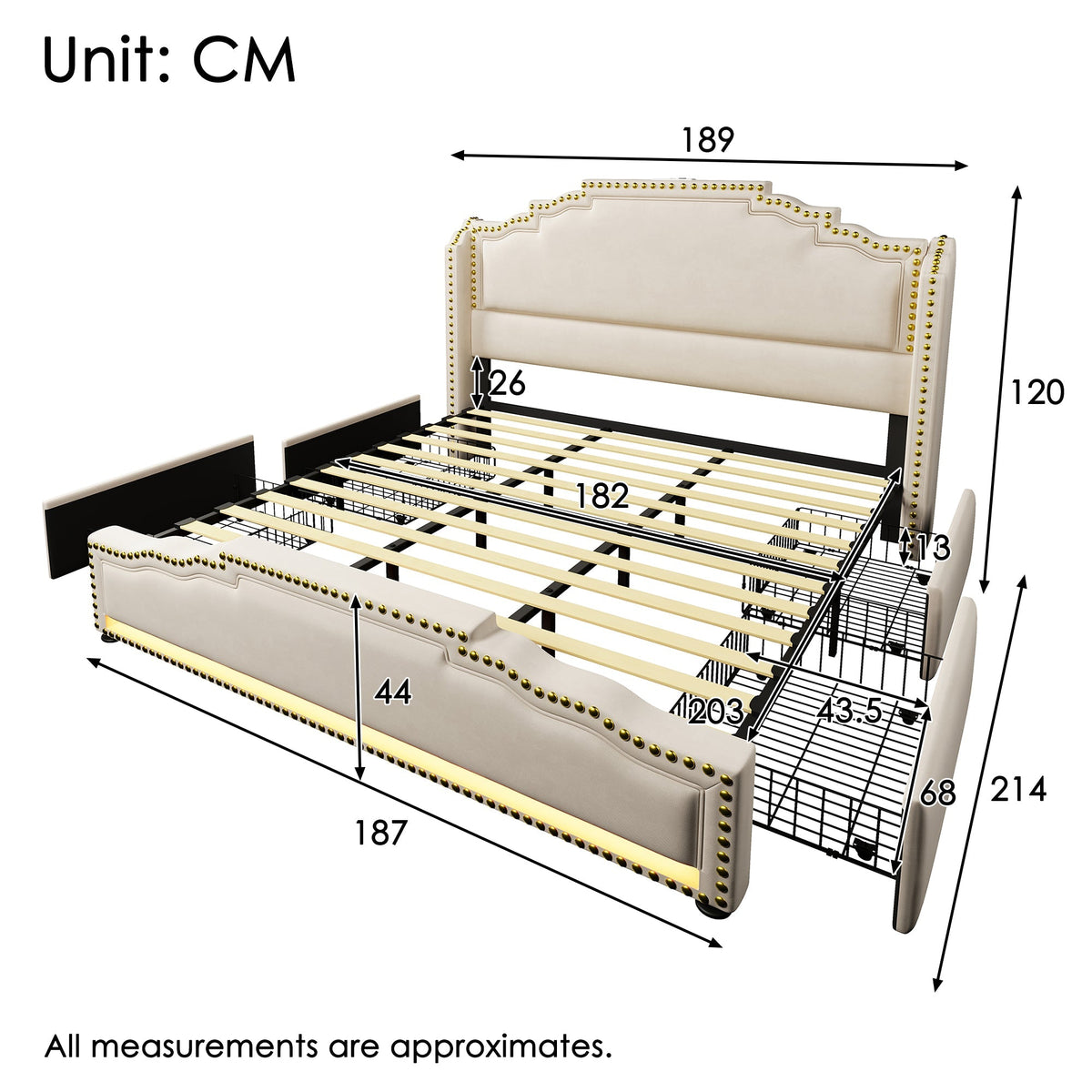 Upholstered Bed 180x200cm with 4 Drawers, LED Lighting and USB-C, Beige Velvet