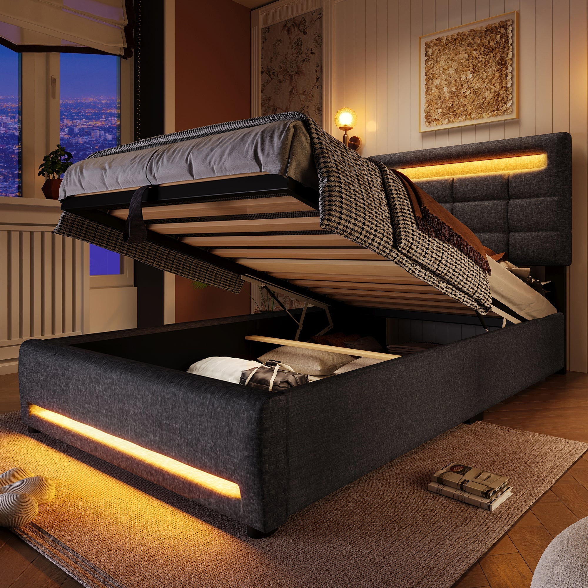 Upholstered Bed with LED Lights, APP Control, Hydraulic Storage and USB Port, Grey Linen