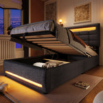 Upholstered Bed with LED Lights, APP Control, Hydraulic Storage and USB Port, Grey Linen