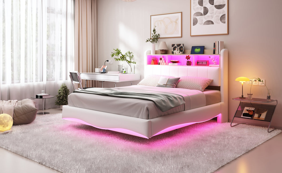 Suspended Design Upholstered Bed 140*200, Multifunctional Storage with LED, USB & Type-C, Linen Fabric Beige