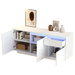 Side Cabinet, 140x40x60cm 3 Cabinets 1 Drawer Adjustable Shelves LED High-Gloss, MDF White