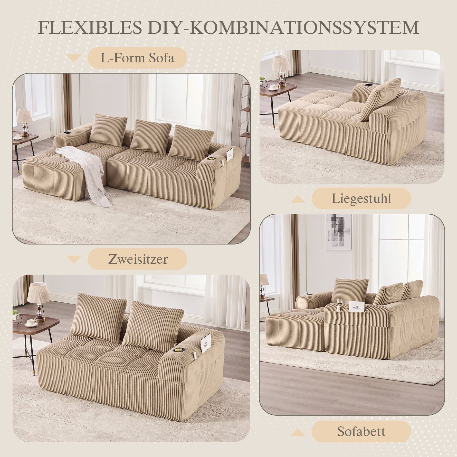 Compact Sofa Modular Side Pocket Cup Holder 3 Cushions - Corduroy Khaki