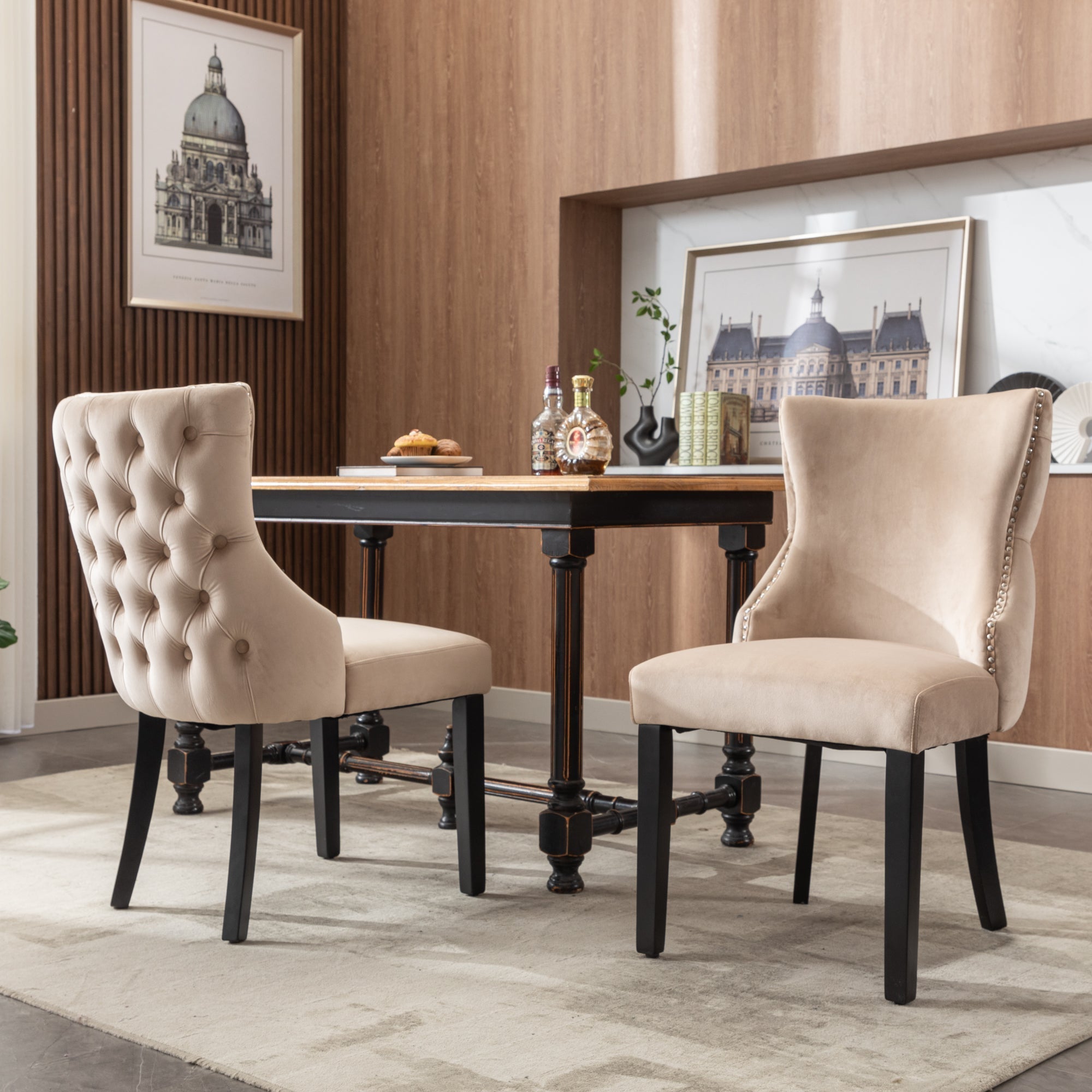 Dining Chair Set of 2 Button Tufting Solid Wood Frame Beige Velvet