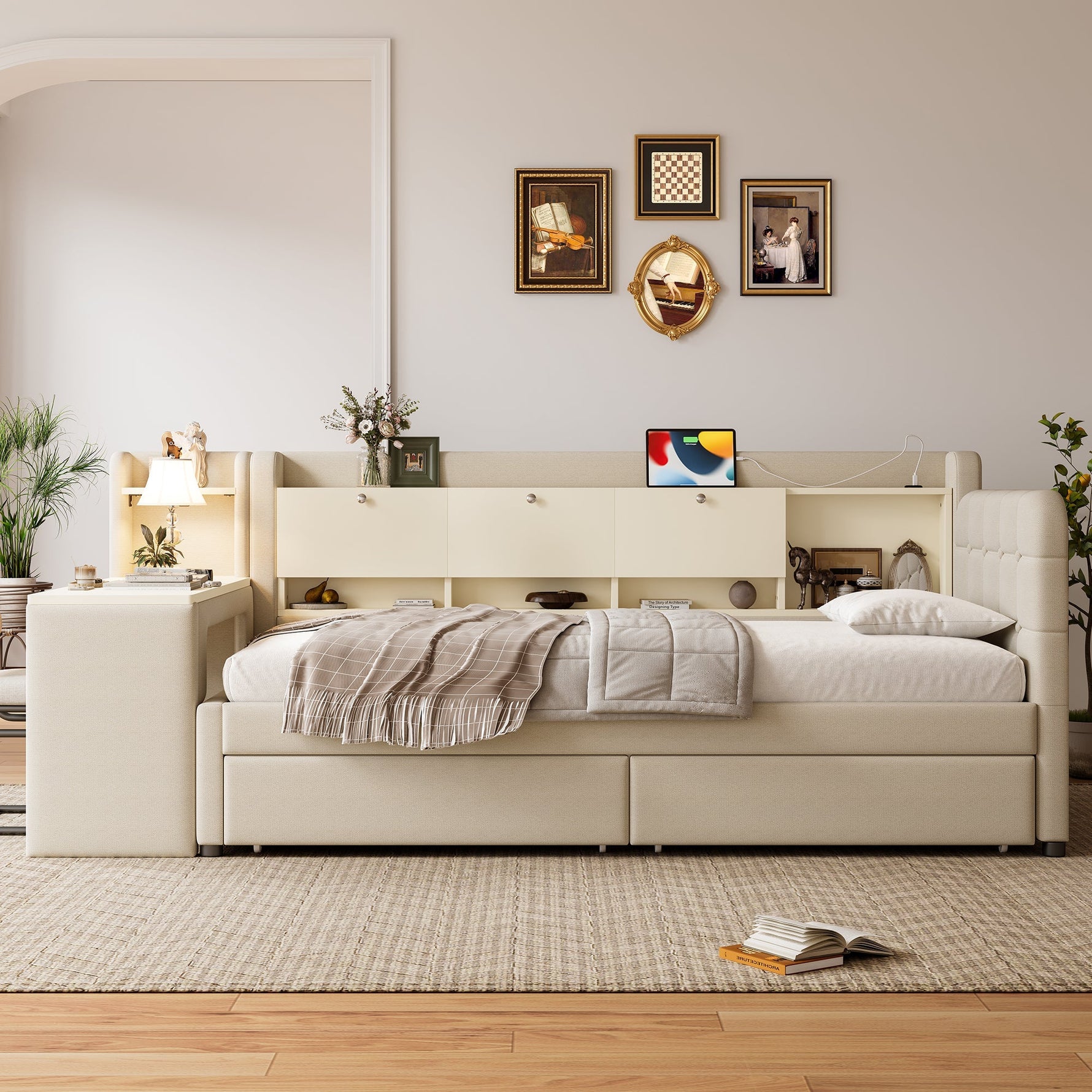 Daybed with Desk and Drawers, USB Ports and Storage, Beige Linen