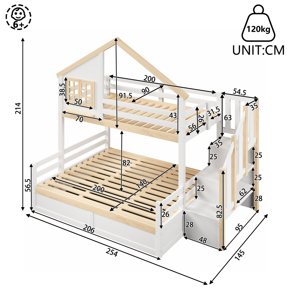 Bunk Bed 90/140x200cm with Storage Ladder & Rail, White + Natural