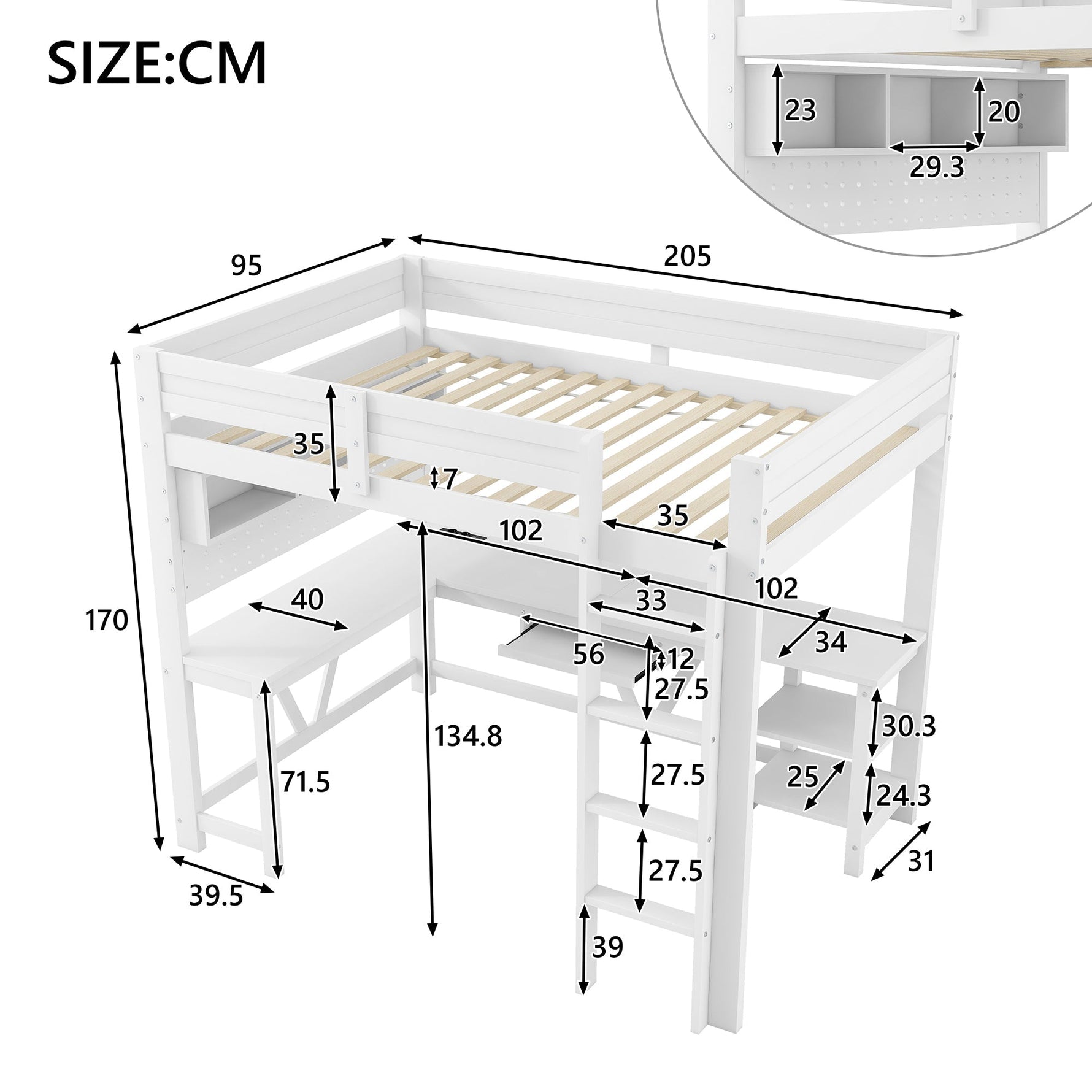 Gaming Loft Bed with Desk, LED Lighting and Charging Station, White Wood