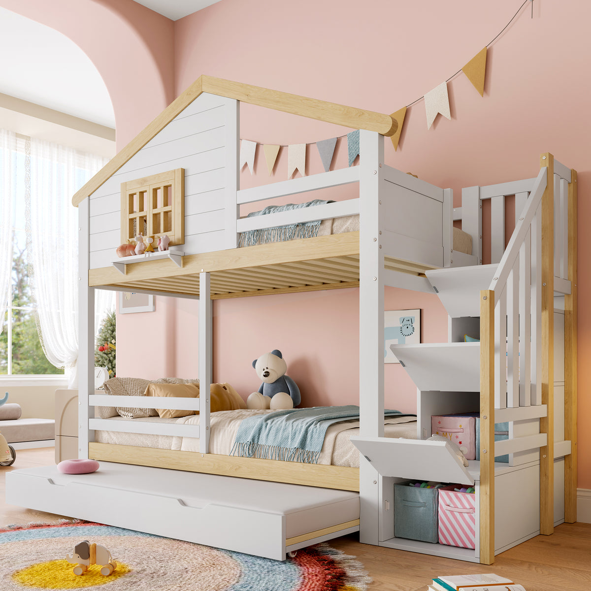 Bunk Bed 90x200cm with Trundle & Storage Ladder, White + Natural