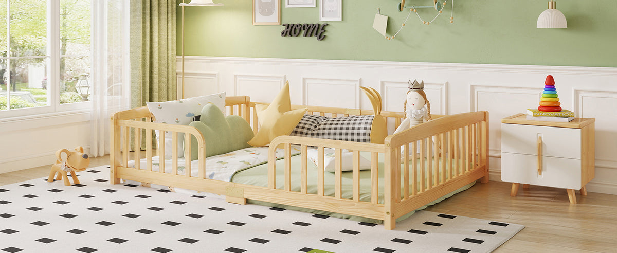 Floor Bed 140x200cm with Safety Railings, Natural Pine Wood