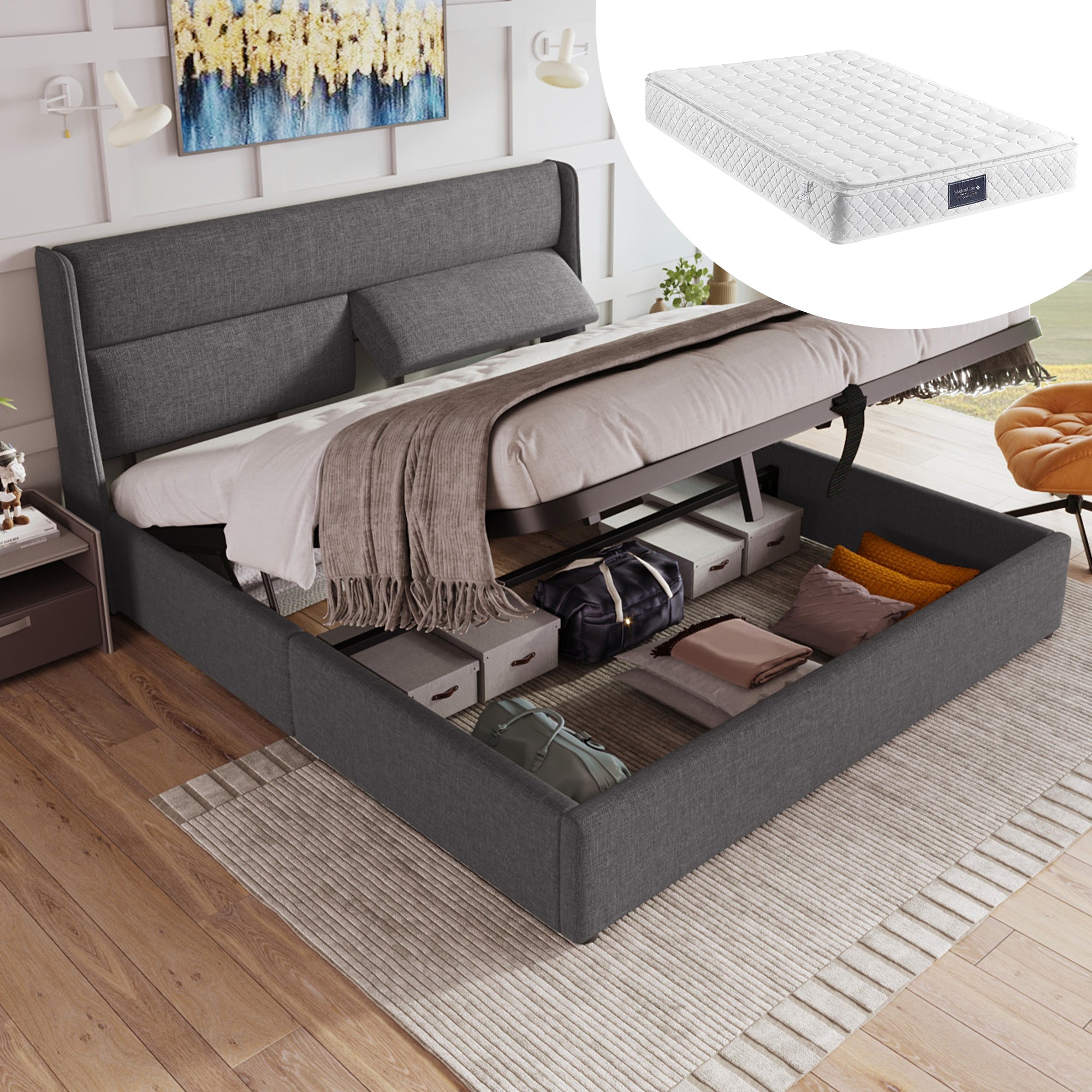 Upholstered Double Bed 140x200cm Hydraulic Storage Adjustable Headrests Metal Slatted Base - Grey Linen