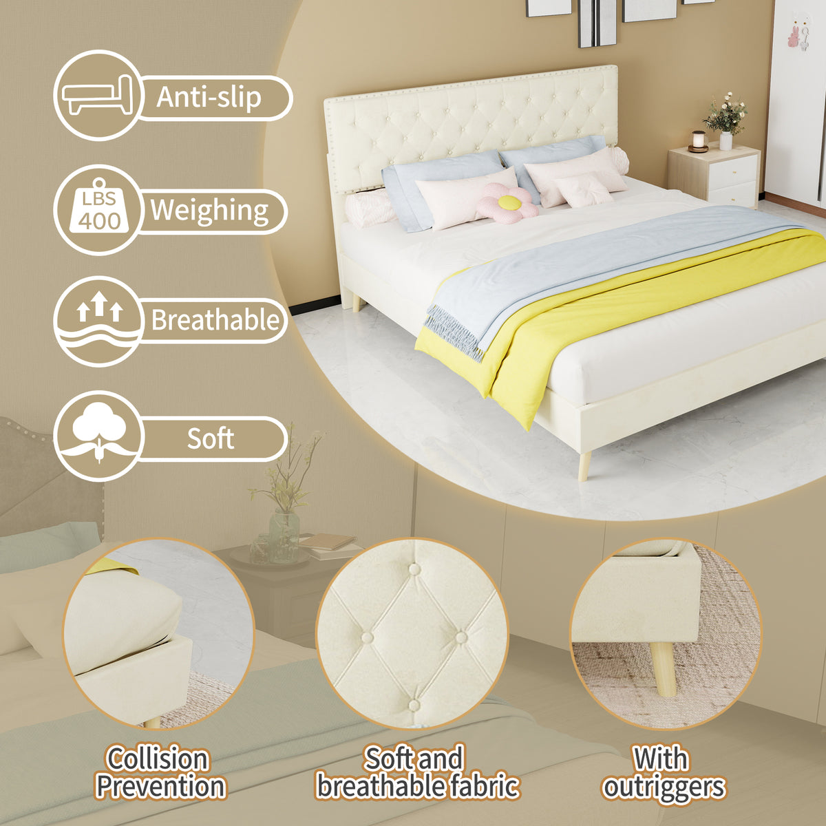 Modern Soft Bed with Soft Headboard & Mattress 160x200cm, Beige