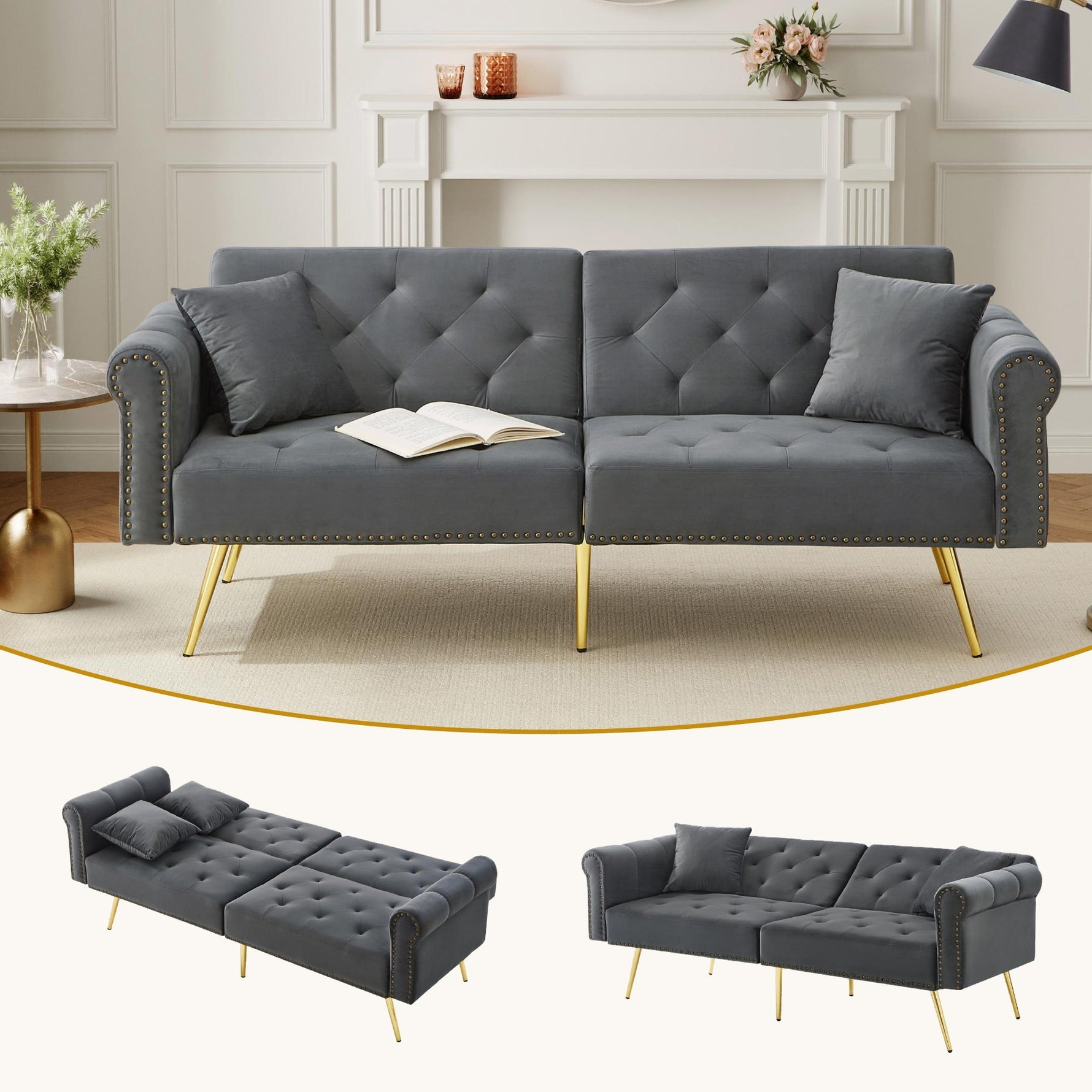 Sofa Bed, Modern 2-Seater with 3-Level Adjustable Backrest, Velvet