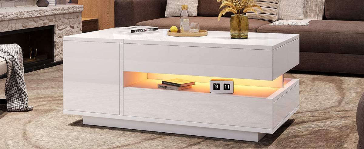Liftable Coffee Table, 95*50*34.5cm with 1 Drawer & LED, White