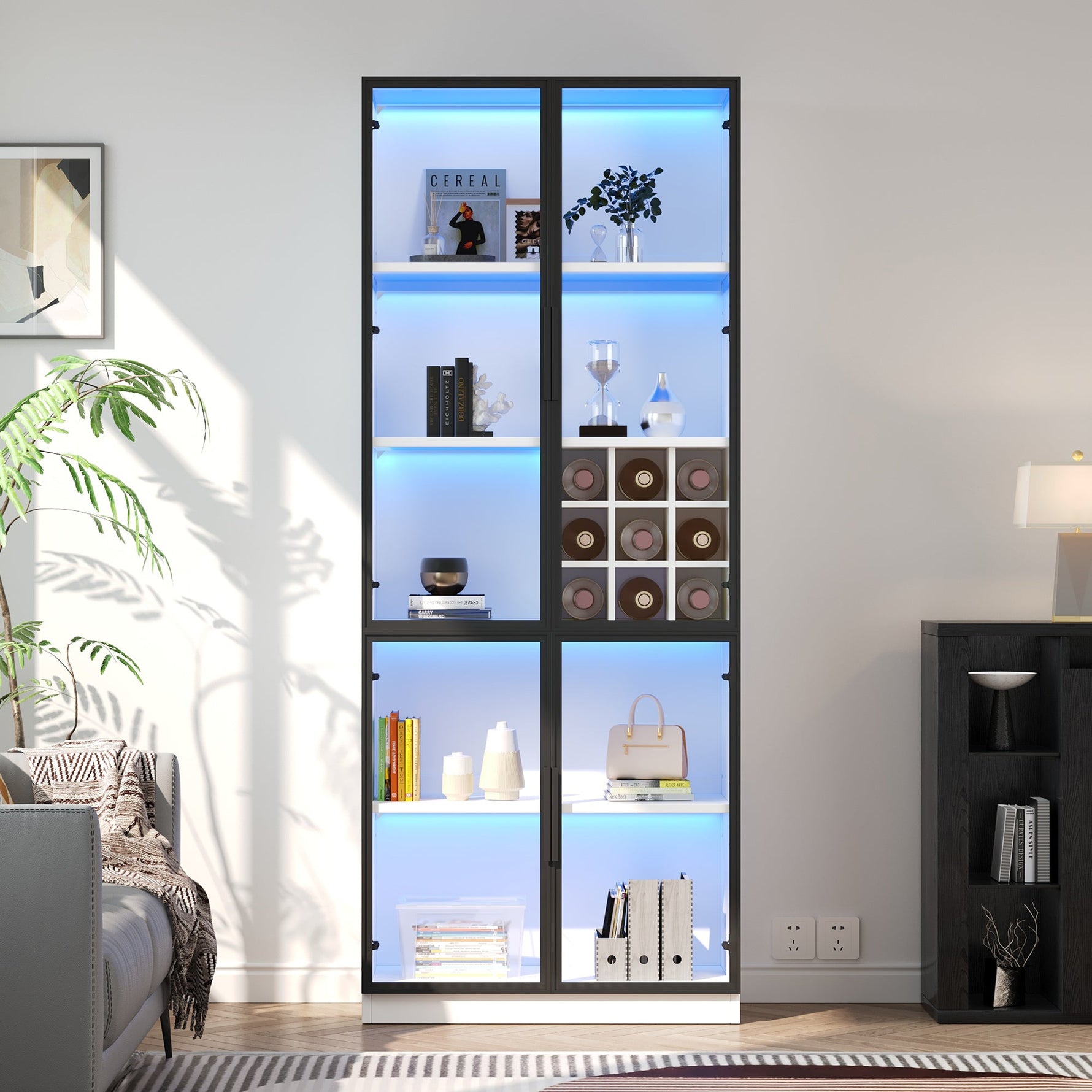 Display Cabinet 80x35x200cm Tall Cabinet Bookcase Wine Rack with Double Doors, Glass/LED