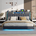 Upholstered Bed, 160*200 LED, USB, Storage Headboard, Grey Linen