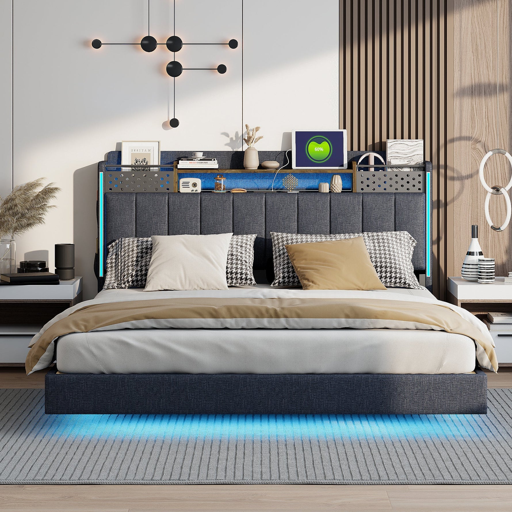 Upholstered Bed, 160*200 LED, USB, Storage Headboard, Grey Linen