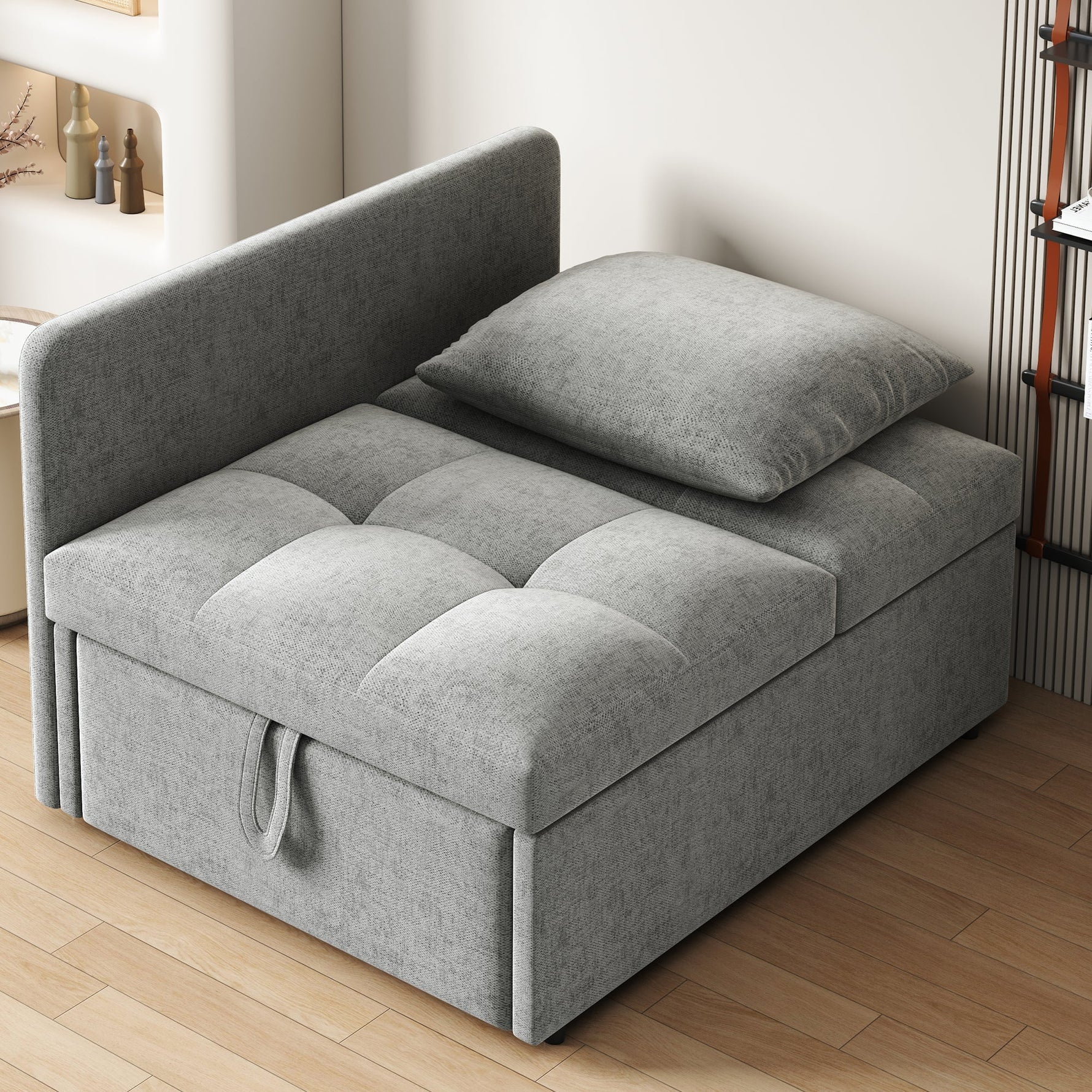 Upholstered Sofa Bed 3-in-1 Multifunctional Adjustable Backrest, Linen Fabric