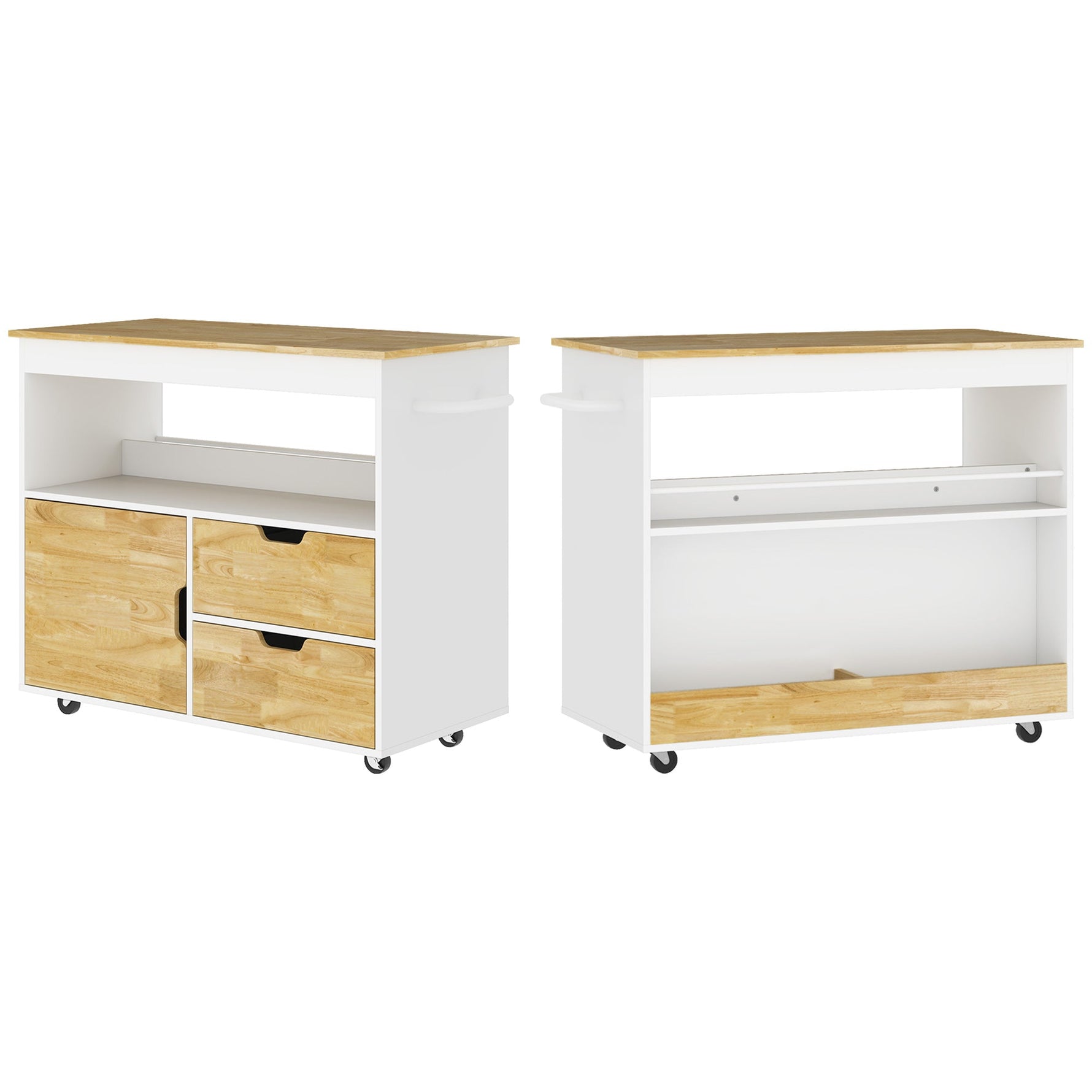 Kitchen Cart with Drawers, Cabinet, and Handle, Oak