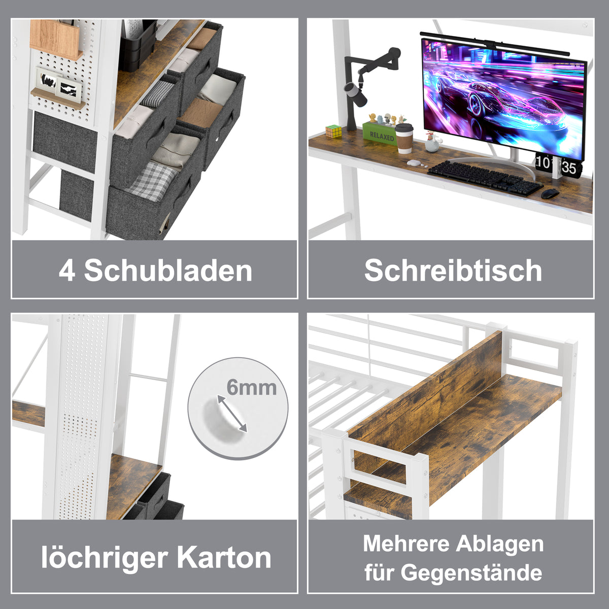 Loft Bed 90x200cm with Desk, Shelves & Drawers, White Iron Frame