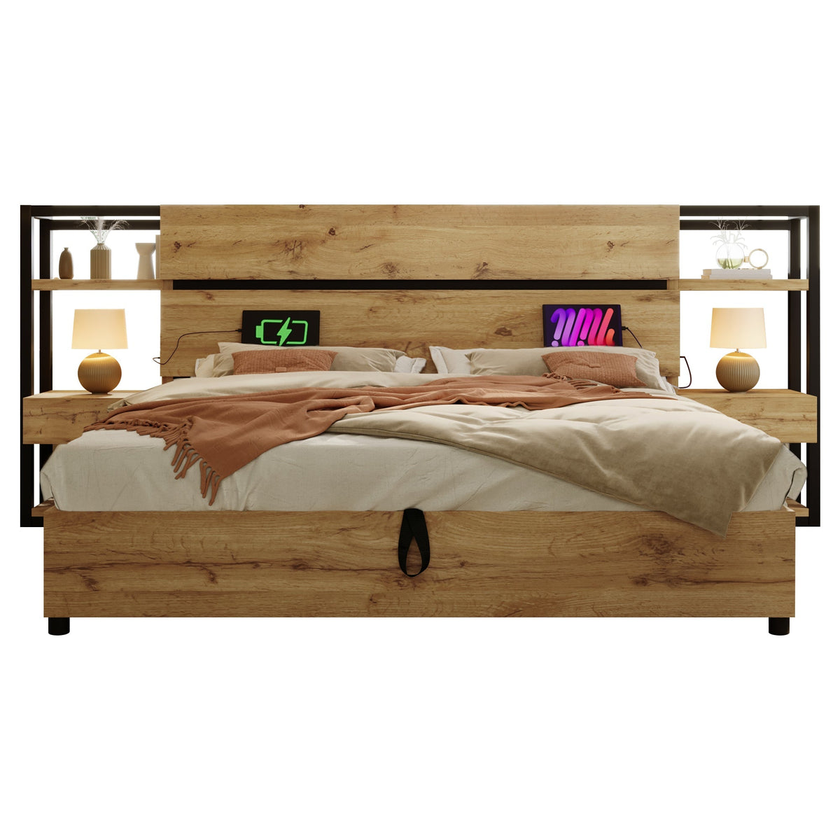 Wooden Double Bed 180x200cm, Hydraulic Storage, Headboard with USB Charging, Oak Color