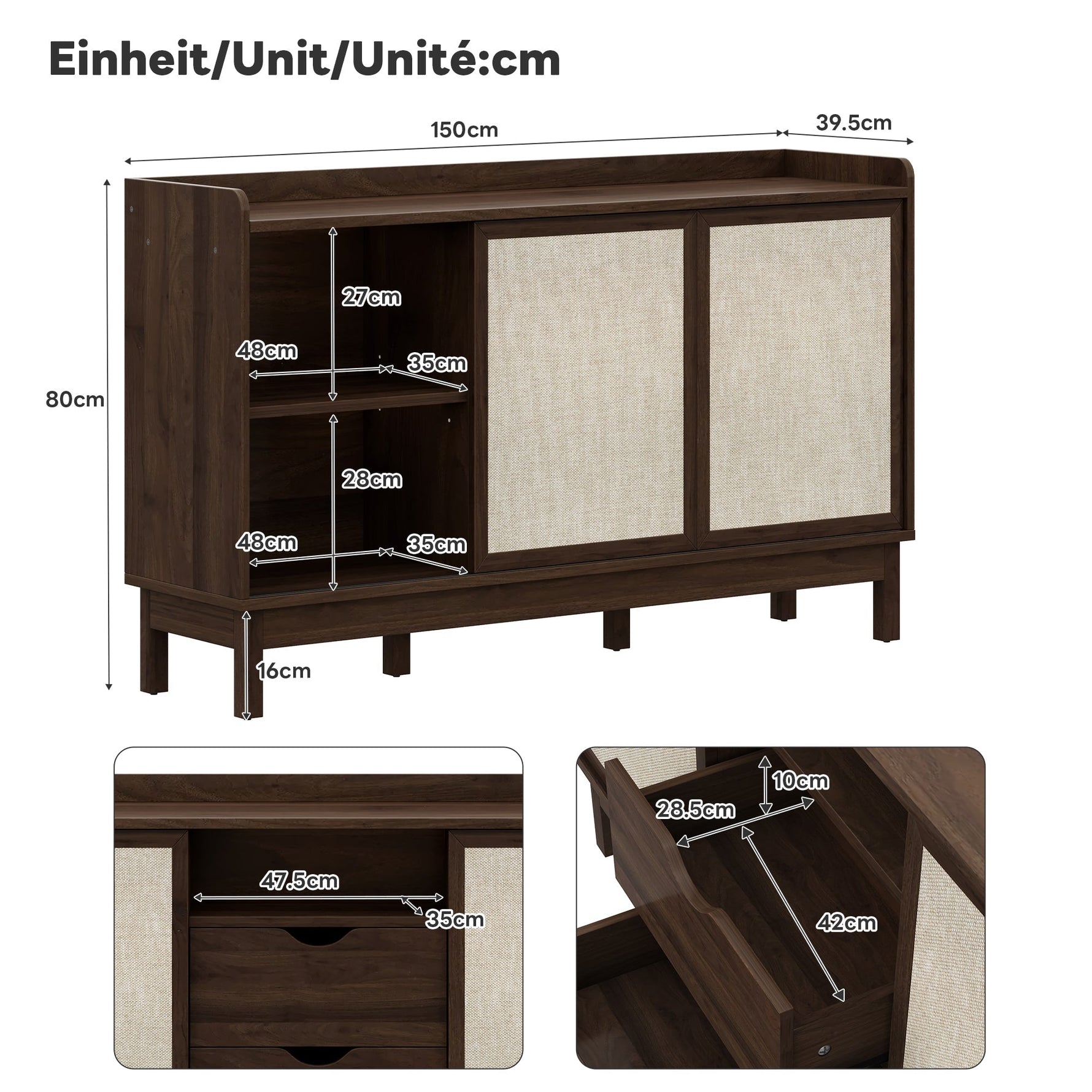 Sideboard Sliding Doors Double Drawers Multifunctional Storage