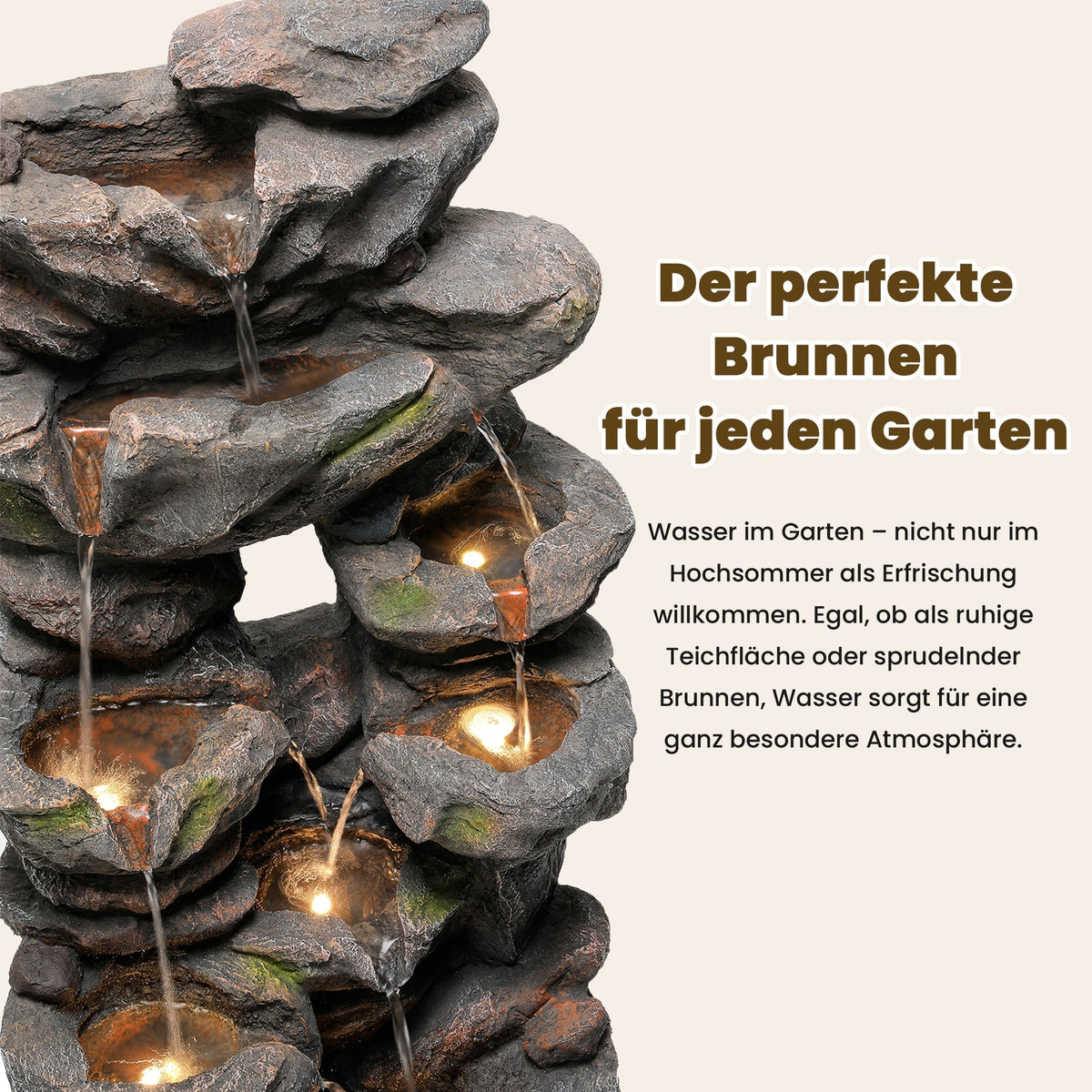Garden Fountain with LED Lighting, Water Pump and Decorative Basin, Artificial Stone Grey