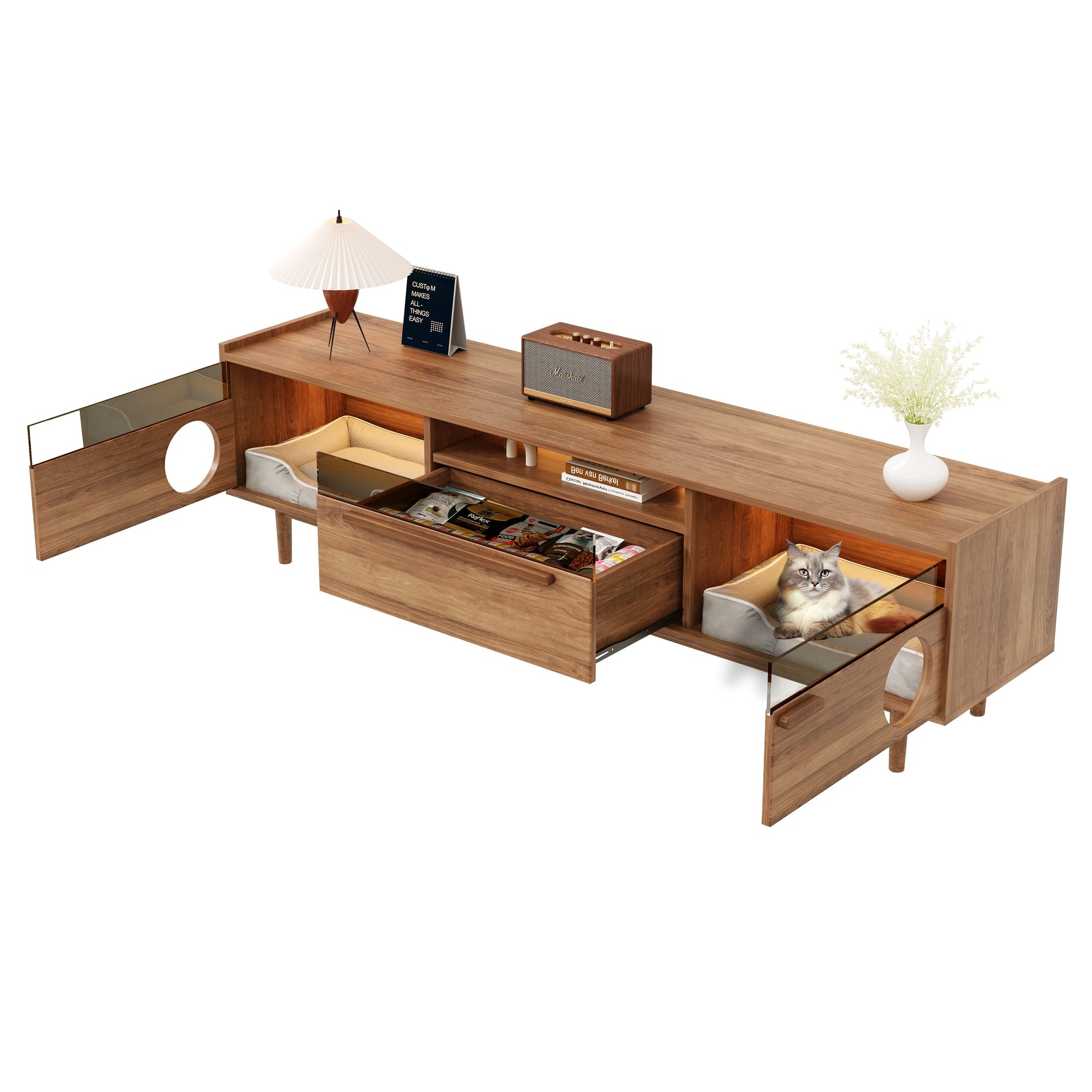 Modern TV Cabinet LED Lighting Cat Rest Area Glass Doors 1 Drawer, Walnut Color