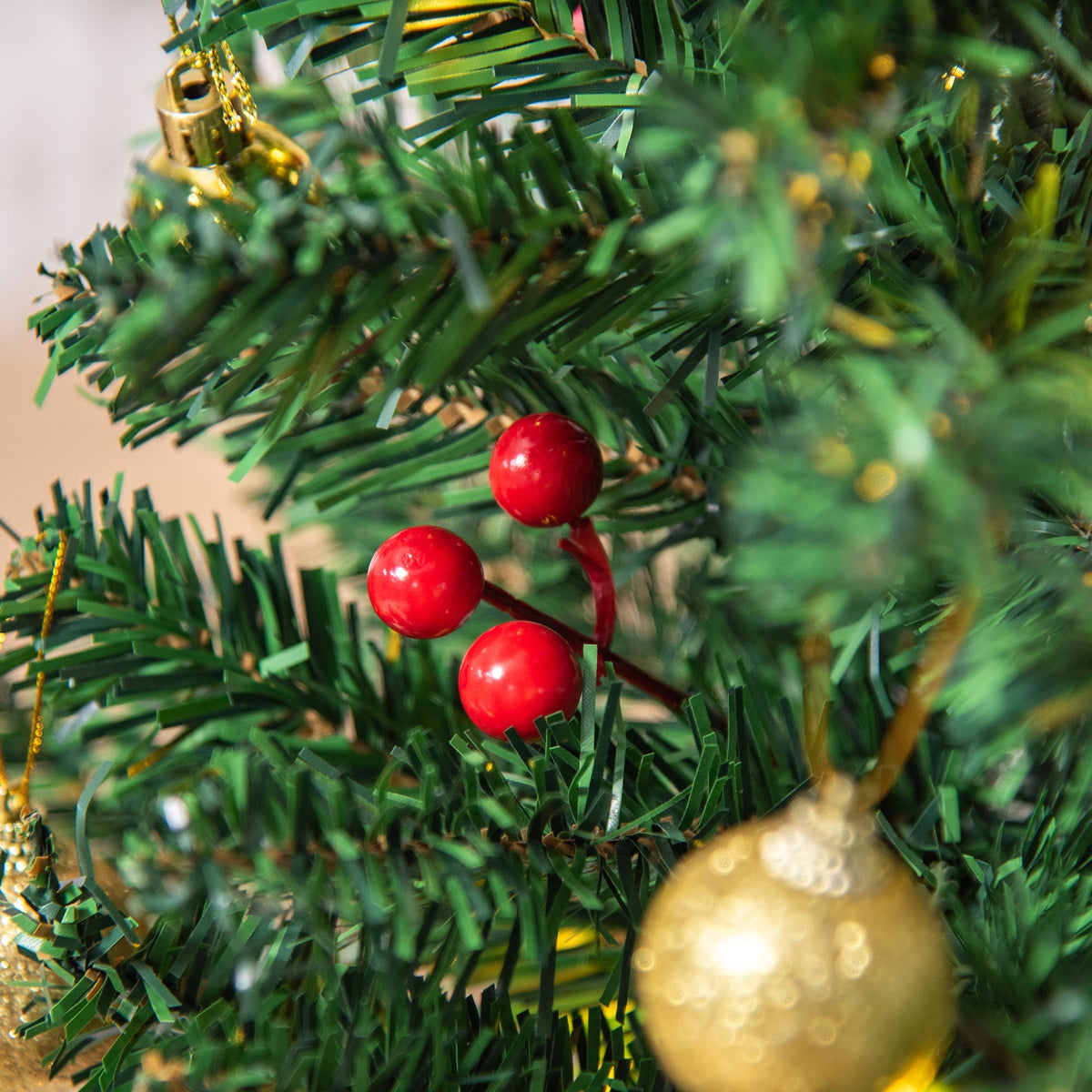 Small Christmas Tree, Mini with Holly Berries, Baubles & LED Lights, Green PVC