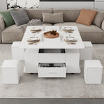 Coffee Table, Height-Adjustable 4-in-1 Multifunctional with Drawers and 4 Stools, White