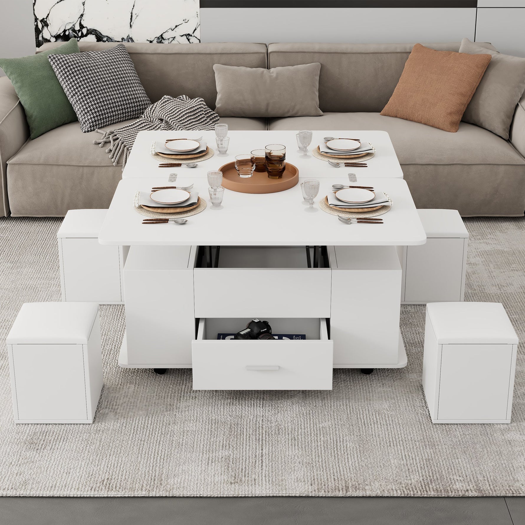Coffee Table, Height-Adjustable 4-in-1 Multifunctional with Drawers and 4 Stools, White