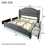 Upholstered Bed 180x200, Double Bed with 4 Drawers, LED and USB-C, Grey Velvet