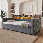 Extendable Sofa Bed 90x200cm with LED & USB, Beige Velvet