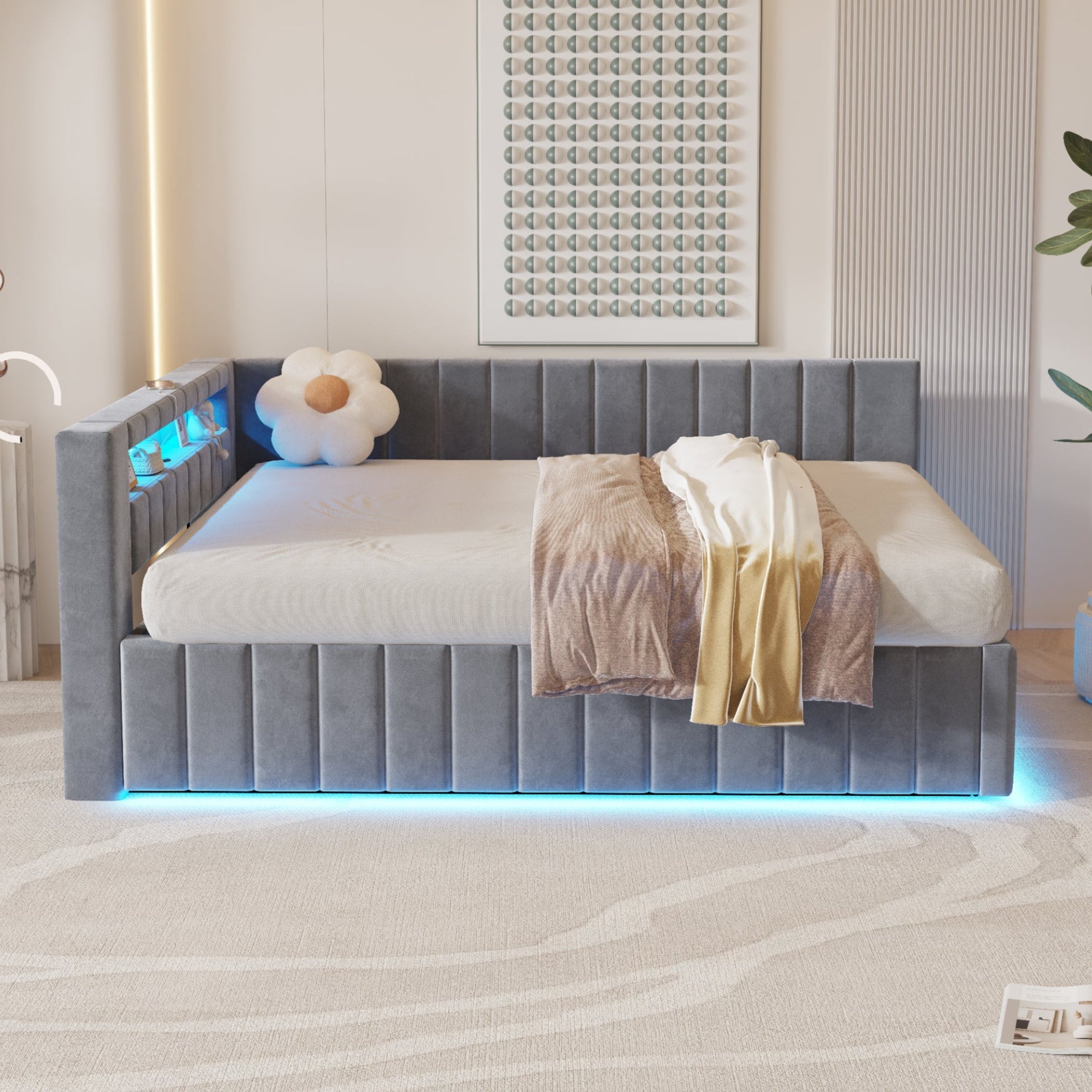 Upholstered Bed/Sofa Bed 140x200 Hydraulic Storage LED/USB Velvet Grey