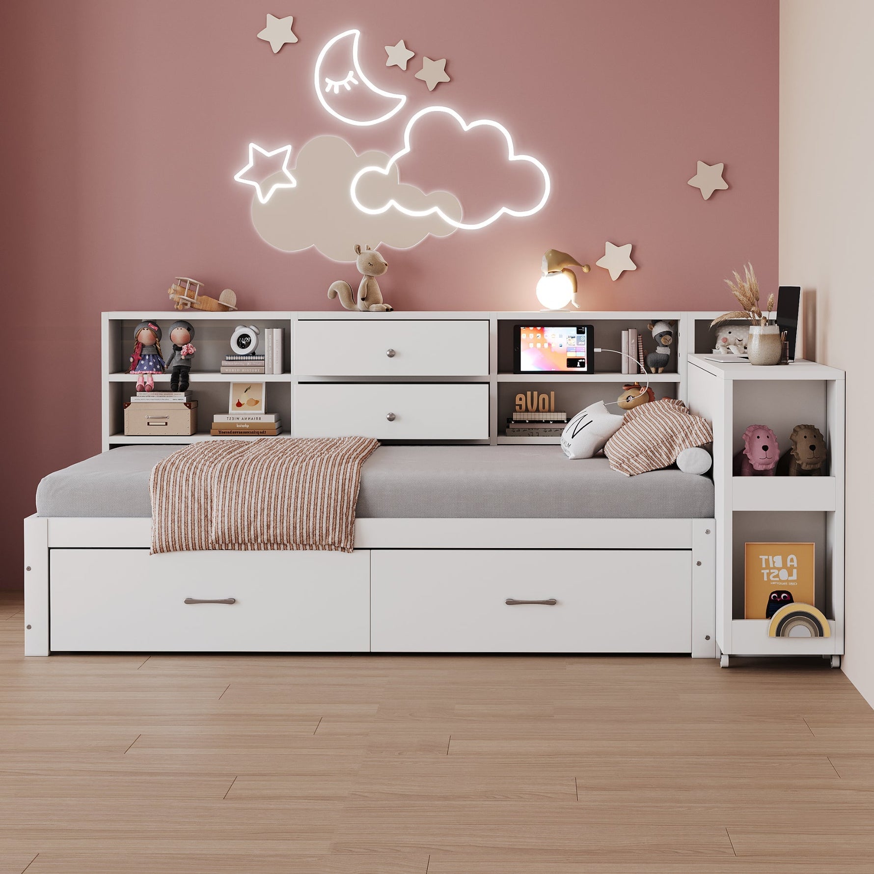 Wooden Sofa Bed 90x200cm Multifunctional Storage Pull-Out Desk, White