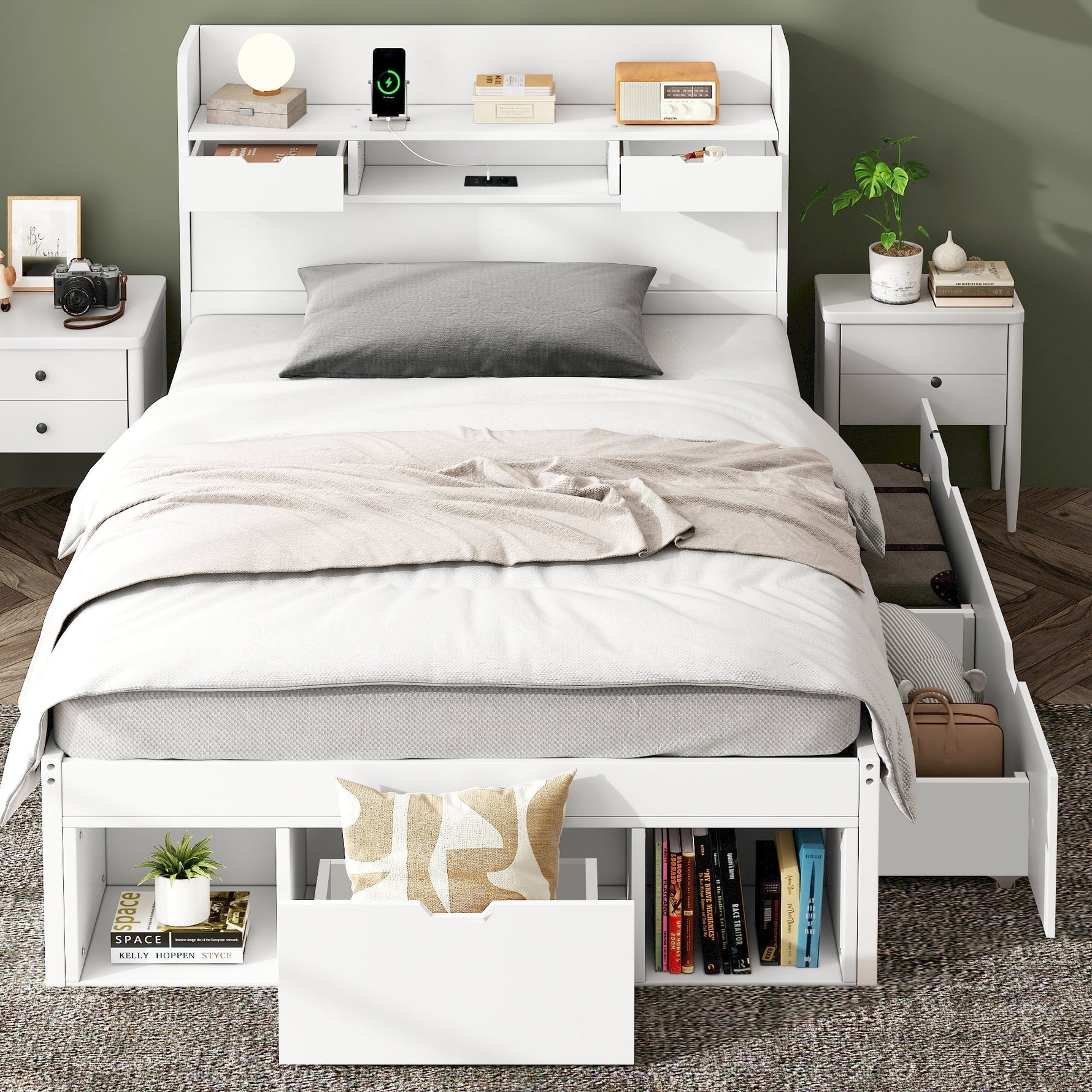 Single Bed with USB Port, Drawers and Storage Cabinet, White