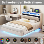 Upholstered Bed 140x200 cm with USB & LED Light, Reversible Headboard, Linen Fabric Beige