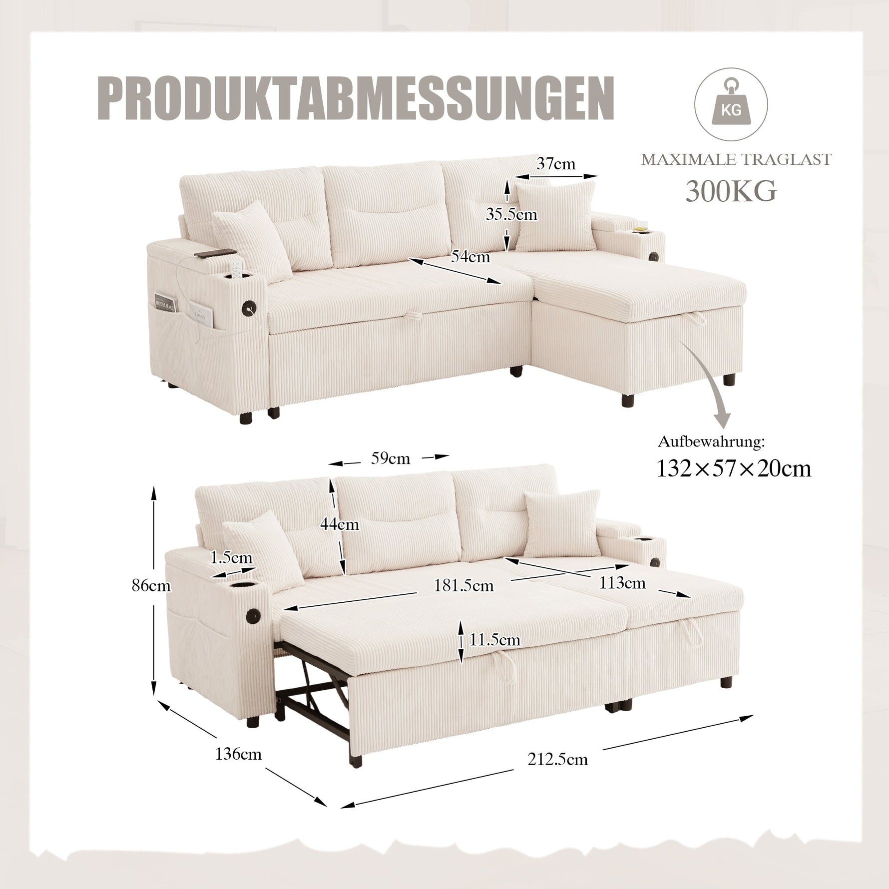 Sofa Bed 3-Seater Hydraulic Chaise Storage USB-C Cup Holders Corduroy