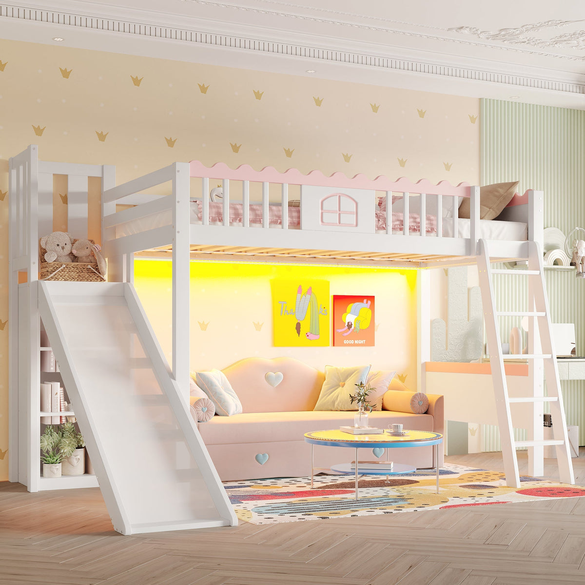 Bunk Bed 90x200cm with Slide, LED Lights, Shelves, EN747 Certified White Pine Wood