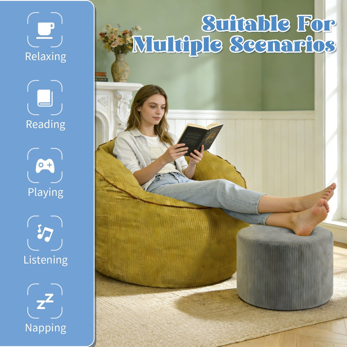 Ergonomic Curved Bean Bag Chair with Storage Pocket and Matching Ottoman, Modern Comfort