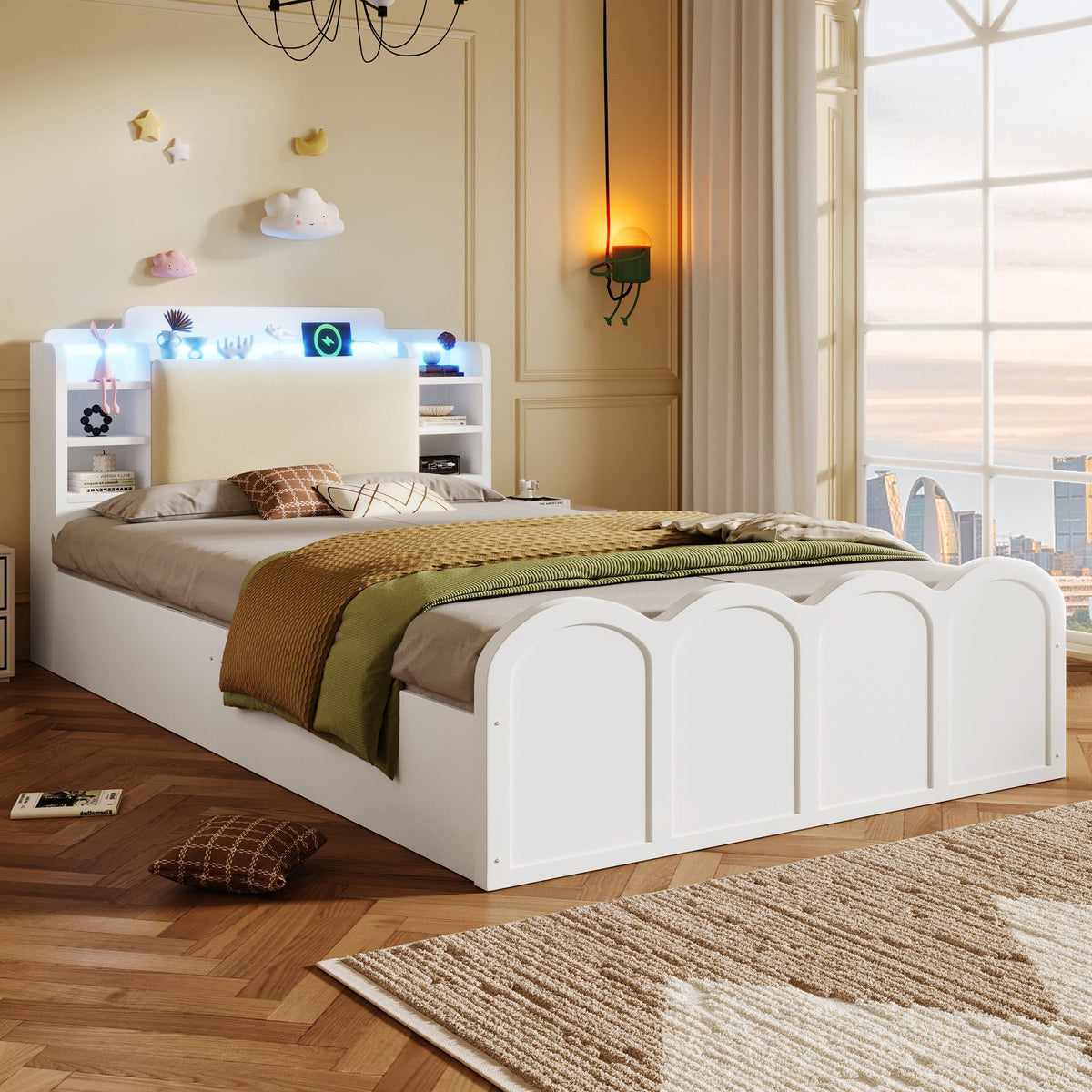 Panel Bed 90x200cm Hydraulic Storage USB-C Charging LED Multifunctional White