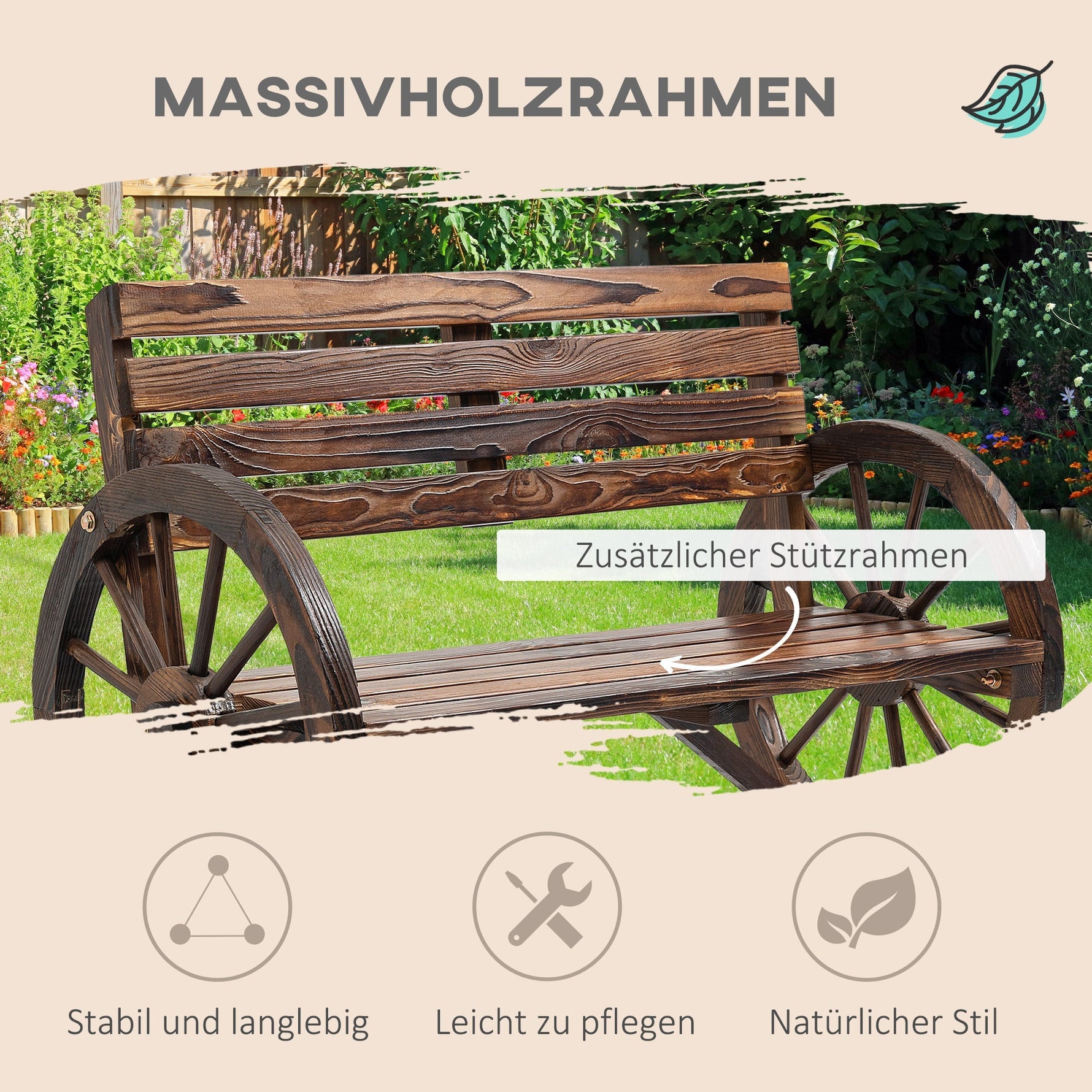 2-Seater Garden Bench Wagonwheel Armrests Fir Wood Brown
