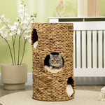 Boho Cat Cave, 3-Tier 3-Entrance with Cushion, Light Brown + Cream White