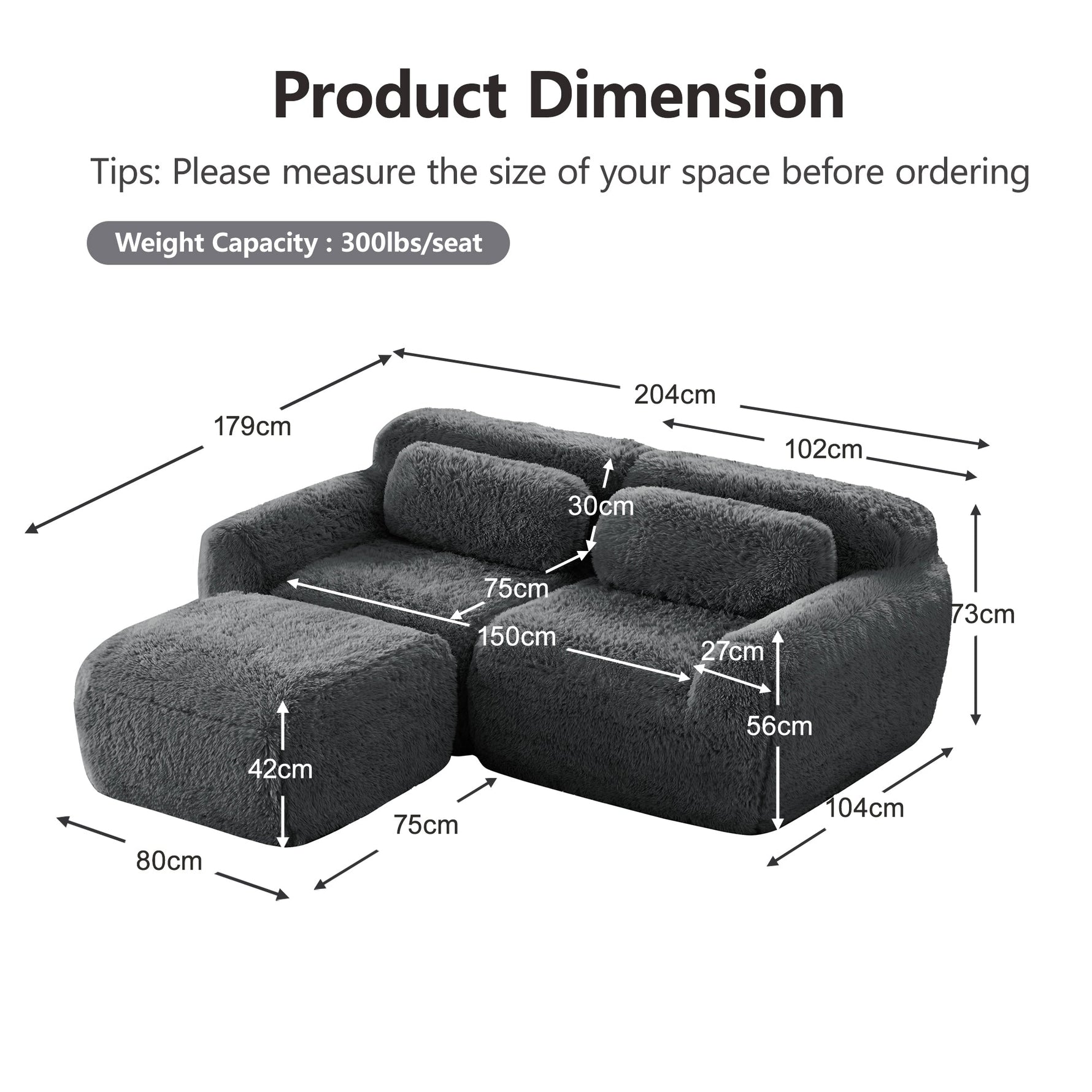 L-shaped 2-Seater Sofa, Modular Plush Fabric, Grey