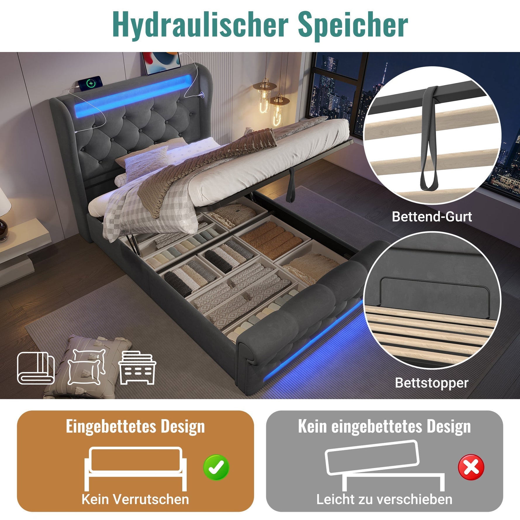 Upholstered Single Bed 90x200cm LED Headboard Hydraulic Storage, Grey Velvet