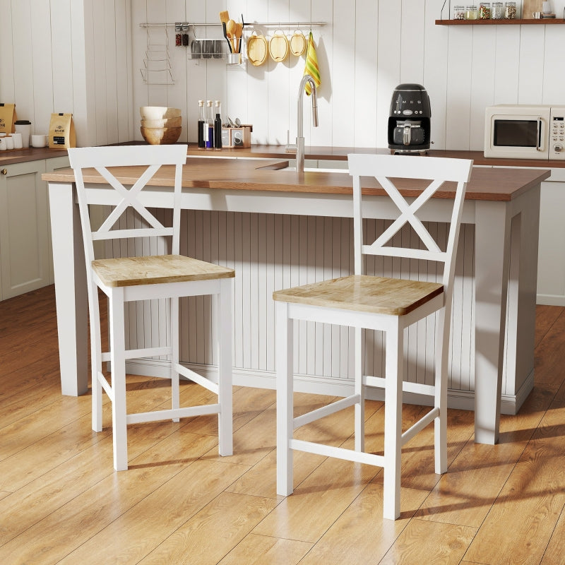 Bar Stools, Set of 2 with Backrest and Footrest, Rubberwood, Oak+White