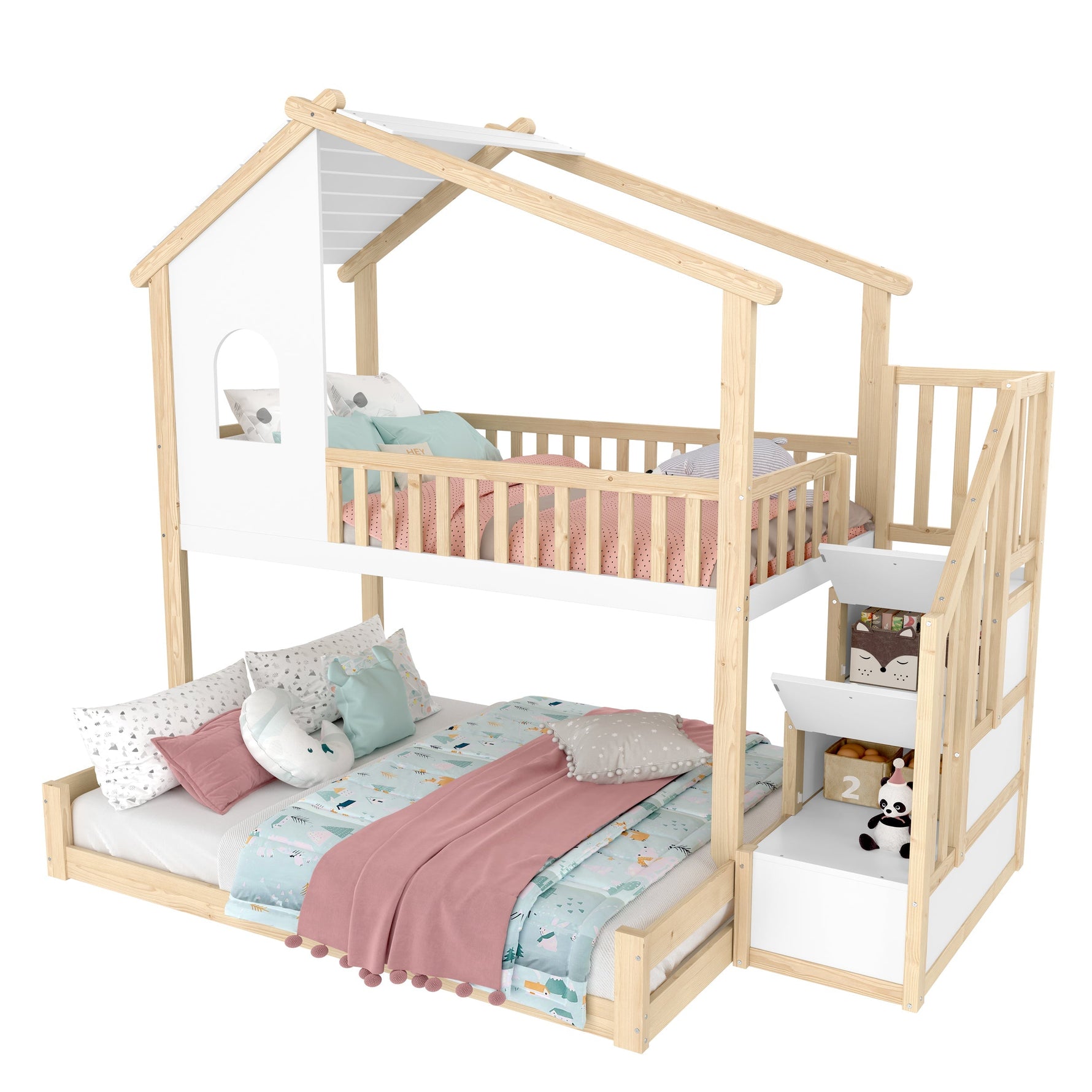 Bunk Bed with Storage Ladder and House Railing, 90x200cm and 140x200cm, Natural and White