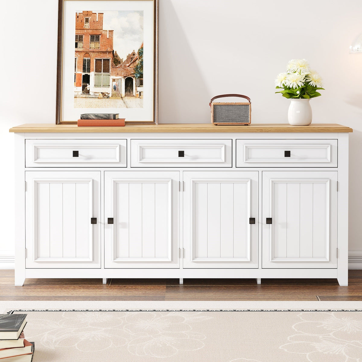 Sideboard Cabinet Buffet Storage Set, 160L x 35W x 76H cm, Modern and Simple White MDF